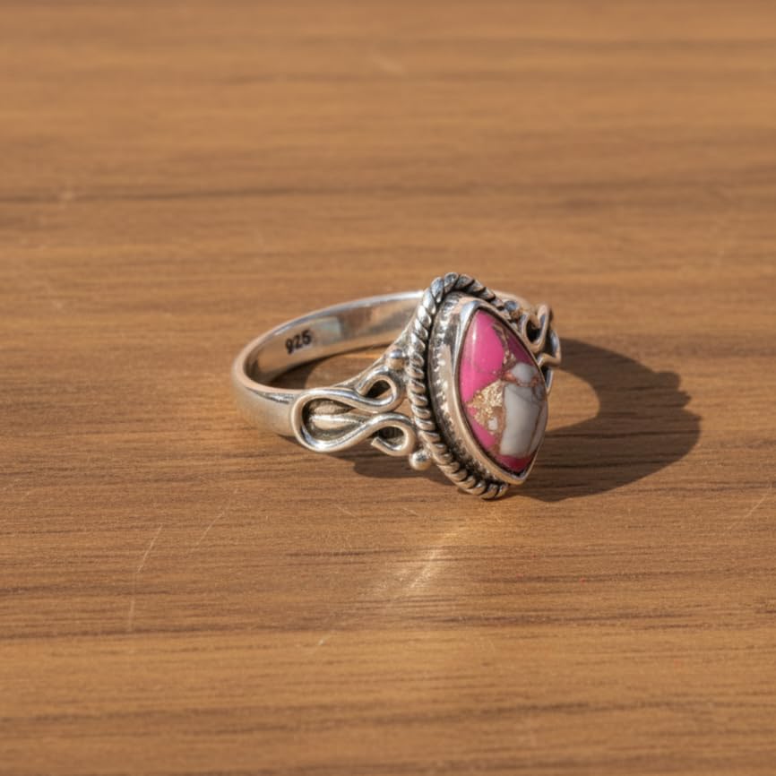Natural Pink Cotton Candy Turquoise 925 Sterling Silver Handmade Design Boho Promise Ring For Women