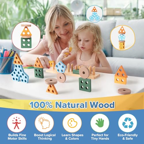 Somastung 7‑in‑1 Montessori Baby Toys for 6‑12 Months & 1+ Years, Infant Sensory Teething & Stacking Blocks | Wooden Shape Sorter, Xylophone Musical Toy, Birthday Gift for Toddlers 1‑3 - size: 7 in 1