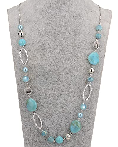 BULINLIN Beaded Long Necklace for Women Silver Sweater Chain Necklace with Crystal Resin Beads, Fashion Jewelry Necklace - color: Turquoise
