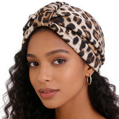 Women's Turban Head Wrap Cancer Chemo Beanies Cap Headwear Cap Bonnet Hair Loss Hat for Sleeping - color: Leopard-khaki