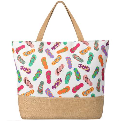 Trifabricy Beach Bag for Women, Large Beach Tote Bags with Zipper, Woven Straw Tote Waterproof, Swim Gym Shopping Travel Bag - color: Slippers