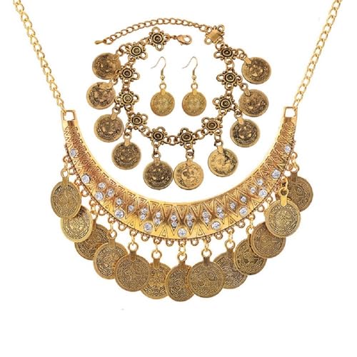 KZL 3PC Gypsy Jewelry Set Bohemian Coin Necklace Bracelet Earrings for Women Vintage African Indian Costume Festival Party Accessories - color: Pink