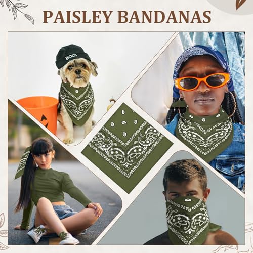 12 Pack Bandanas Unisex Paisley Cowboy Bandanas Bulk Multi Purpose Headband Scarf for Men Women Costume - color: Olive Green, style: Classic