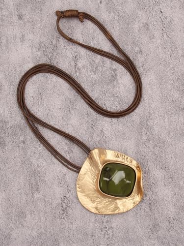GelConnie Leather Necklace for Women Large Pendant Long Brown Necklace Circle Leather Choker Vintage Sweater Necklace Gold Chunky Boho Necklaces for Women - style: Gold Statement Pendant Necklace
