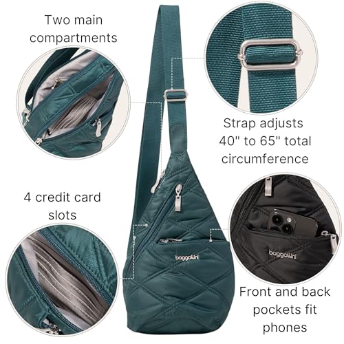Baggallini Mini Sling - 12x7 Sling Crossbody Bag Backpack with Adjustable Shoulder Strap - color: Emerald Quilt