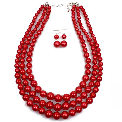 Fuqimanman2020 Chunky Large Simulated Pearl Choker Necklace Drop Dangle Earrings Crystal Bib Big Round Beaded Strand Multicolor Costume Statement Wedding Jewelry Set for Women Brides - color: Red Set