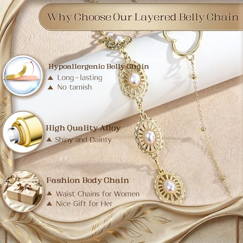 Florideco Waist Chain Belt for Women, Layered Belly Chain, Waterproof Boho Pearl Concho Cuban Body Chain, Adjustable Summer Beach Coachella Fashion Jewelry for Jeans Dresses - style: Gold Plated-Concho Chain