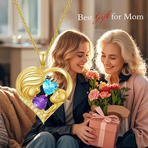 Mothers Day Gifts 14K Yellow Gold Mother Daughter Heart Pendant Necklace with 12 Months Birthstone Birthday Gifts for Mom Anniversarry Jewelry for Mom Wife Girlfriend - color: 02-03-Feb-Mar Birthstone