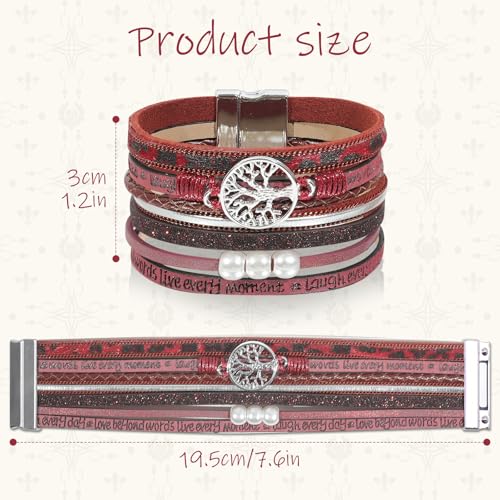 Leather Wrap Bracelet for Women, Boho Cuff Bracelet with Strong Clasp, Multi-Layer Crystal Leather Bracelet for Valentine Mother's Day - color: 02-Tree of Life-Burgundy