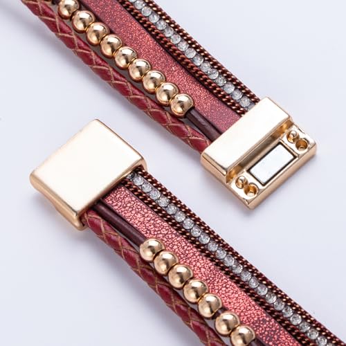 FANCY SHINY Boho Leather Wrap Bracelet Stackable Infinity Chunky Cuff Bracelets Western Hippie Outfits Jewelry Valentine Gifts for Women - color: Burgundy