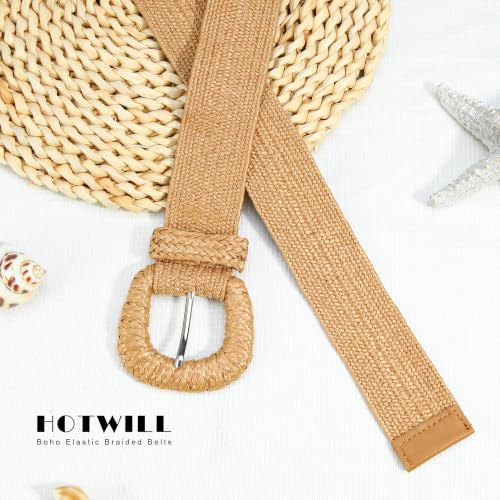 HOTWILL Women Straw Woven Belt Boho Elastic Stretch Braided Waist Belts for Summer Dresses - color: Camel_d Ring Buckle