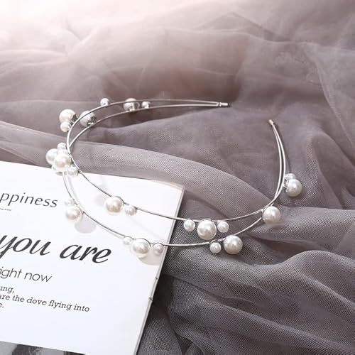 Double Layer Pearl Beaded Headbands Hair Hoops Bridal Hairbands Wedding Hair Accessories Fashion Elegant Pearl Headbands for Women Girls (Silver) - color: Silver