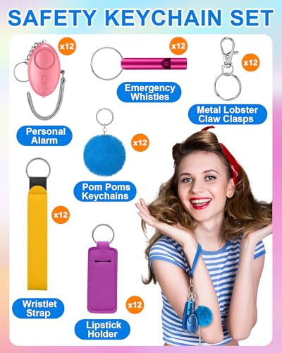 Kanayu 60 Pcs Safety Keychain Set for Women Safe Sound Personal Alarms Emergency Whistles Lipstick Holder Keychains Pom Poms Keychains Metal Lobster Claw Clasps with Key Rings Hiking Outdoors Gifts