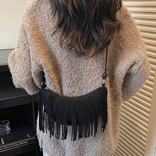 Women's Vegan Suede Fringe Crossbody Bag, Boho Crescent Shoulder Crossbody Purse, Retro Tassel Hippie Small Handbag Tote - color: Black