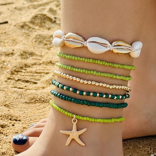 Pingyongchang Bohemian Stackable Shell Beaded Ankle Bracelets for Women Colorful Boho Multi-Layer Seashell Gold Starfish Adjustable Handmade Braid Bracelet Summer Beach Holiday Accessories Gifts - color: Green