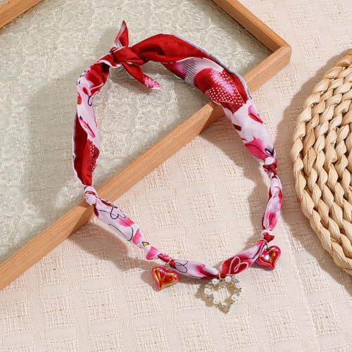 Scarf Long Fabric Colorful Silk Scarves Multi Pendant Necklace For Women Statement Boho Choker Twisted Ribbon Band Pearl Accent Heart Maple Leaf Bee Daisy Dragonfly Star Green Gem Charms - color: Red Heart