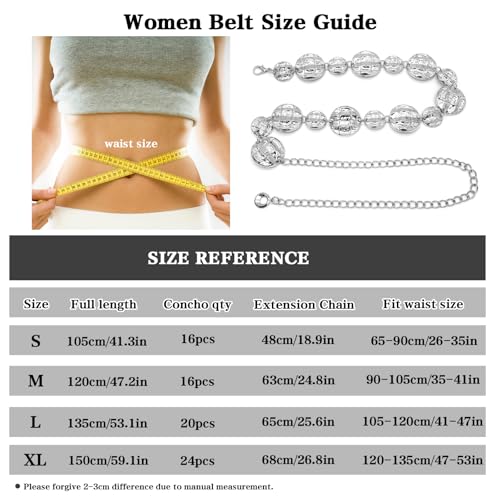 LIMHOO Women's Metal Waist Chain Belts Gold Silver Link Belt for Dresses - color: Circle Silver, size: S: Length 105cm/41.3in