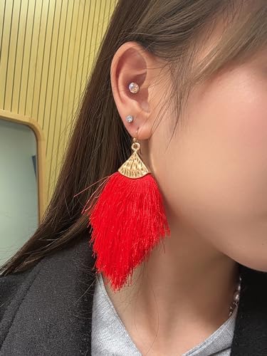 Earrings for Women Colorful Layered Leaf Earrings Bohemian Dangle Drop Tassel Silver Earrings Women Gifts - style: Red
