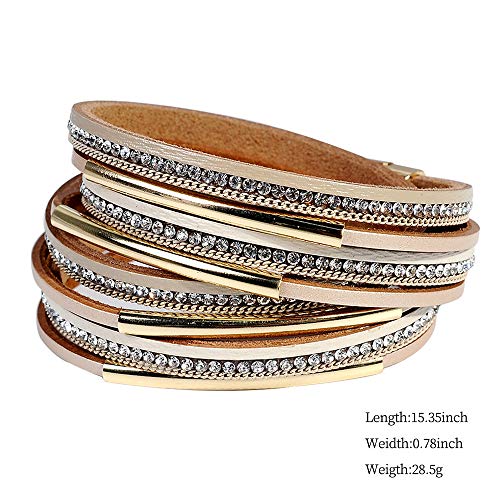 Artilady Leather Wrap Bracelets for Women - Pearl Bracelets Handmade Clasp Bangle Bracelet with Beads Jewelry Gift for Women and Mother - style: Light Brown with Gold bar