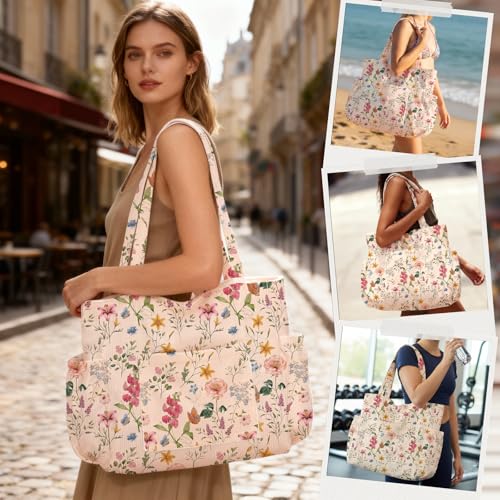 Corduroy Tote Bag for Women,Large Capacity Cute Tote Bags With 6 Pockets,Crossbody Shoulder Handbag for Work Travel Gym - color: Retro Flowers