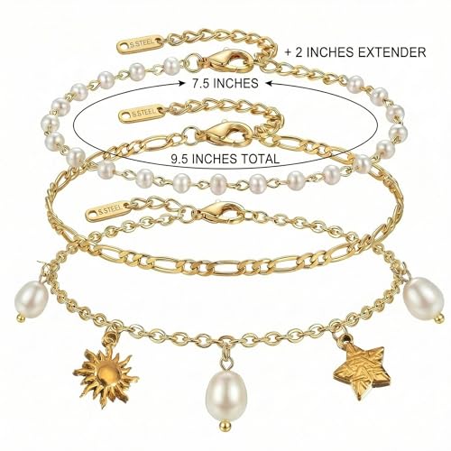 Boho Beads Beach Layered Anklet Set for Women, Handmade Gold Starfish Pearl Shell Anklets Summer Ocean Accessories Jewelry Gift - color: Sun