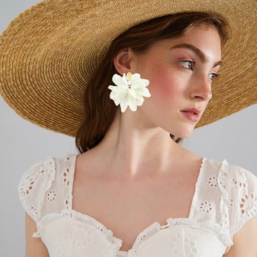 Handmade Fabric Flower Petal Fringe Dangle Drop Earrings Bohemian Floral Tassel Stud Earrings For Women - color: Off White