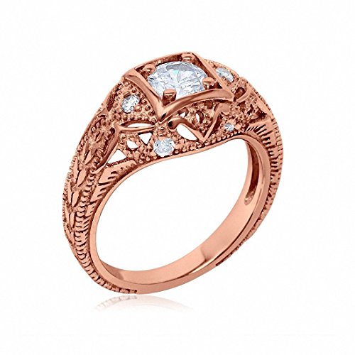 Blue Apple Co. Art Deco Ring Round Cubic Zirconia Leaf Filigree Design Split Shank Twisted Band Bridal Statement Wedding Engagement Rings For Women 925 Sterling Silver Gifts For Her - color: Rose Tone, Simulated Cubic Zirconia
