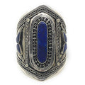 Duel On Jewel Afghan Baloch Tribal Wide Adjustable Cuff Bracelet for Women, Handmade Oxidized Alloy Wrist Cuff with Engraved Kuchi Inspired Design, Statement Bohemian Festival Jewelry, 0.8 to 3.5 Inch - style: Baloch Blue
