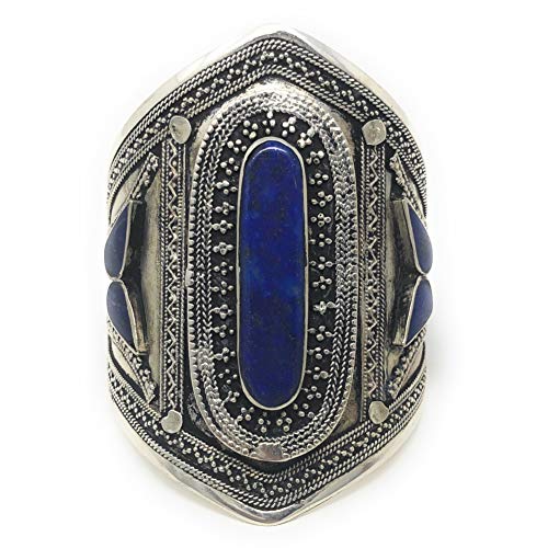 Duel On Jewel Afghan Baloch Tribal Wide Adjustable Cuff Bracelet for Women, Handmade Oxidized Alloy Wrist Cuff with Engraved Kuchi Inspired Design, Statement Bohemian Festival Jewelry, 0.8 to 3.5 Inch - style: Baloch Blue