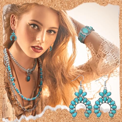 Inbagi 3 Pcs Boho Western Jewelry for Women Turquoise Jewelry Set Vintage Earrings Bracelet Western Bohemian Necklace for Women Cowboy Cowgirls - style: Elegant