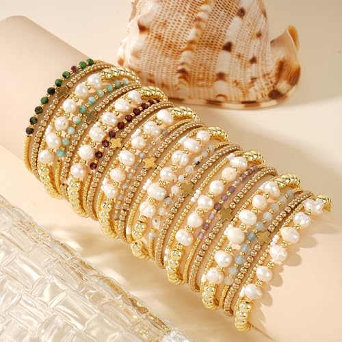 4pcs Gold Beaded Pearl Bracelets Set for Women Multi Layer Versatile Stackable Stretch Cuff Sparkly Stone Crystal Gemstone Jewelry Birthday Gifts - color: Citrine