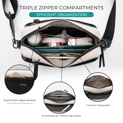 Alldaily Small Triple Zip Crossbody Purse for Women, Vegan Leather Phone Bag with Wide Shoulder Strap - color: Black & Blue & White