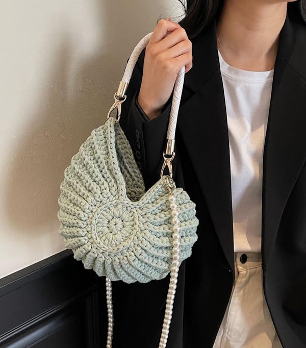 Handmade Crochet Tote Bag Seashell Purse for Women Boho Shell Handbag Crossbody Shoulder Bag Summer Beach Clutch Hobo Handbag - color: Green