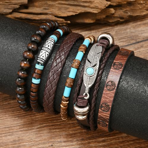 Turquoise Leather Western Bracelets for Women Men Bohemian Retro Turquoise Wrap Bracelets Exquisite Layered Stacked Cowboy Cowgirl Bracelet Western Country Concert Outfits Leather Cuff Bracelet for Women - style: Feather