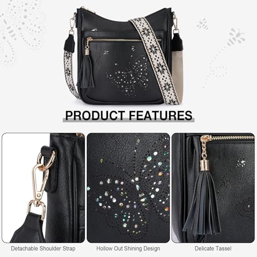 KITEVIUN Medium Crossbody Bags for Women Trendy, Women's Butterfly Shoulder Handbags with Tassel - color: 007-black