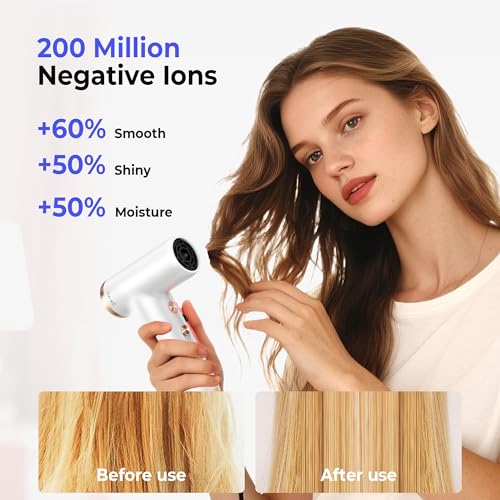 Mini Hair Dryer, 4-Temp High Speed Ionic Hair Dryer, 2-Speed Lightweight Portable Small Hair Dryers, 110,000 RPM Hair Blow Dryer Travel Blow Dryer with Self-Cleaning Styler & Advanced Protection - color: White
