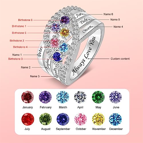 Personalized Name Family Rings Custom 1-6 Birthstones Mother's Rings Sterling Silver Promise Ring for Mother's Day Daughter Grandma Women - color: 6 Stones