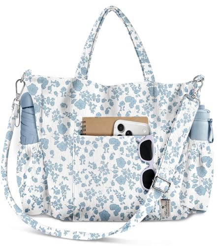 Miss Adola Crossbody Corduroy Tote Bag for Women, Large Tote Bag with Multi-Pockets and Zipper for Travel Work - color: Blue-floral