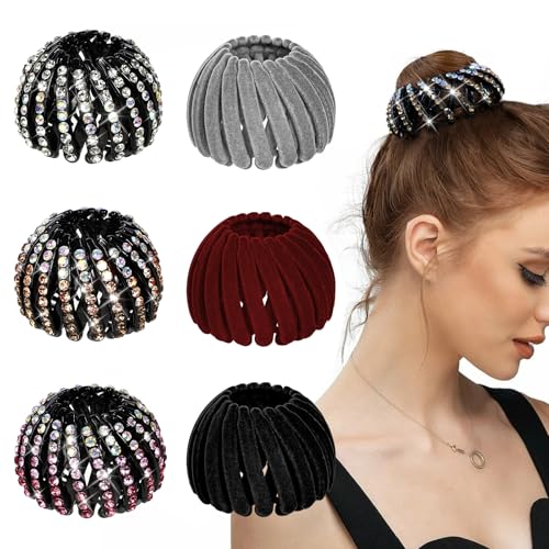 DIQIUREN 6 PCS Expandable Birds Nest Hair Clip Accessories for Women and Girls, 3 PCS Rhinestone Bird Nest Magic Hair Clip for Ponytail Holder and 3 PCS Fixed Velvet Birds Nest Hair Clips for Women - color: Color-Velvet & Rhinestones
