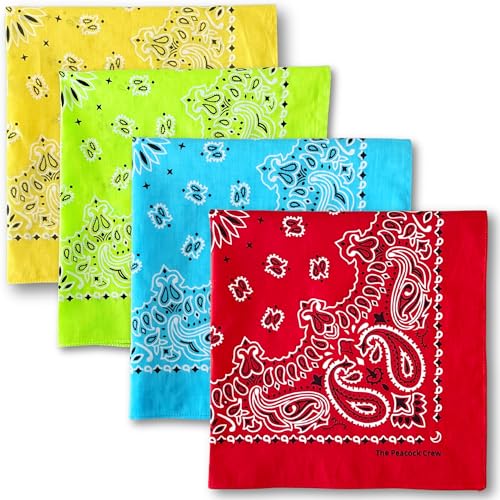 The Peacock Crew Premium Soft Cotton Bandanas Pack for Men and Women Paisley 22 x 22 inches - color: Pack of 4 Red Yellow Limegreen Azur