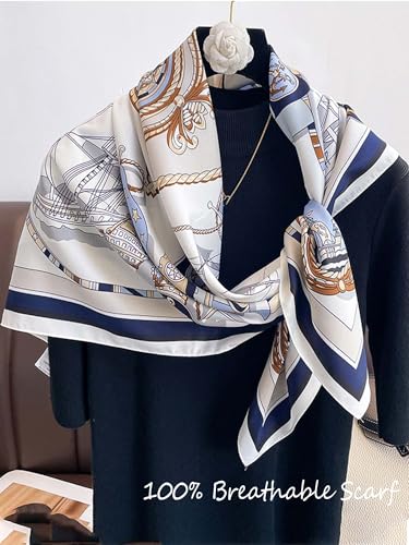 100% Mulberry Silk Scarf for Women Hair Lightweight Square Neckerchief Wrap For Head Scarves 21" - color: 31-nautical Blue /21"*21"
