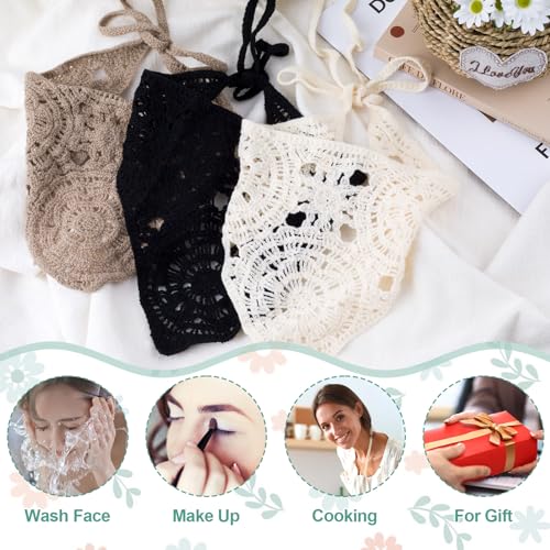 3 Pcs Crochet Bandana, Cute Bandanas for Women, Flowers Crochet Head Scarf, Vintage Head Scarf for Women's hair Styling Decor (Black, Beige, Brown) - color: Black, Beige, Brown-style1