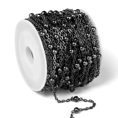 33 Feet Gunmetal Satellite Bead Chains Roll, 2mm 304 Stainless Steel Black Ball Beaded Cable Link Chains Spool Bulk for Jewelry Making DIY Craft - color: Black Big Beads Satellite Cable Chain