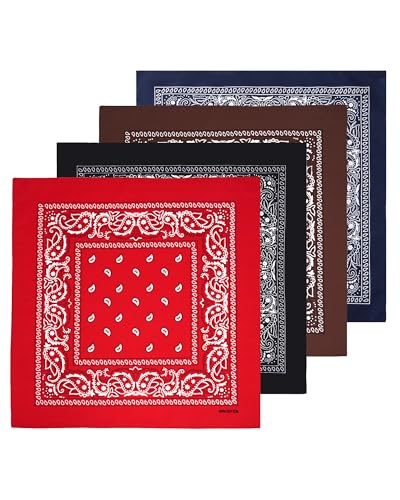 Bycc Bynn Large 27" x 27" 100% Cotton Bandanas - Set of 4 - color: Black+red+navy Blue+brown