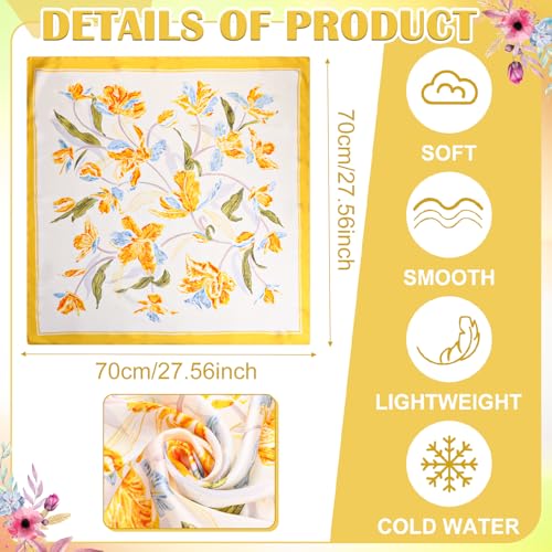 JATEBI 27''/35'' Women Large Satin Scarf Silk Feel Square Wraps Big Hair Bandanas Vintage Print Solid Color Bandana Scarves - color: Green, Blue, Red, Pink, Sky Blue, and Yellow Floral, size: 27'' Medium