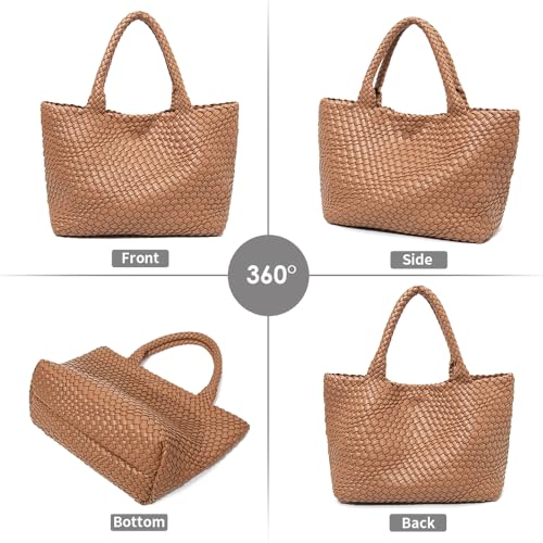 Handmade Woven Tote Bag for Women, Soft Vegan Leather Shoulder Bag with Purse, Large Travel Handbag - color: Brown