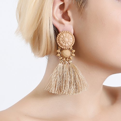 boderier Bohemian Statement Thread Tassel Chandelier Drop Dangle Earrings with Cassandra Button Stud - color: Brown