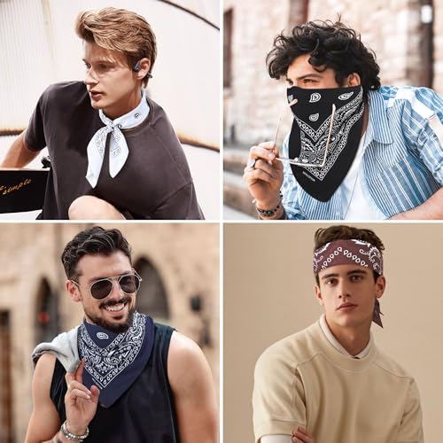 Mochabao 100% Cotton 27" x 27" Large Bandanas for Men & Women, Multi-Purpose Bandana Headbands, Square Head Scarf - color: White/Black/Navy Blue/Brown