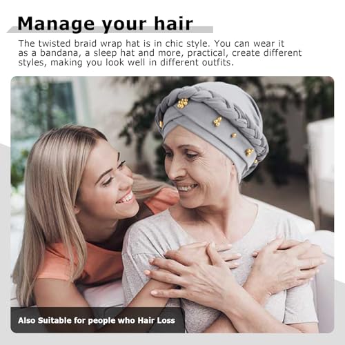 African Women Turban Caps Pre-Tied Twisted Turbans Head Scarf for Women Hair Wraps Cover Beanie Cancer Chemo Headwear - color: 1 Pack Twisted Braid: Gold Bead Light Grey