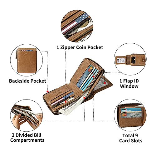 MING CLAN Men's Zipper Wallet, Tobacco Leather, RFID Blocking, Big Capacity, Flap ID Window, 12 Credit Card Slots, 2 Bill Compartments, 2 Vertical Pockets - color: Tobacco